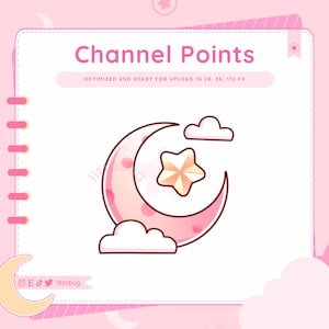 Puede incluir: Una luna creciente rosa con lunares blancos y una estrella amarilla en la parte superior, rodeada de nubes blancas. La imagen está sobre un fondo blanco con el texto "Channel Points" y "OPTIMIZED AND READY FOR UPLOAD IN 28, 56, 112 PX" en texto negro.