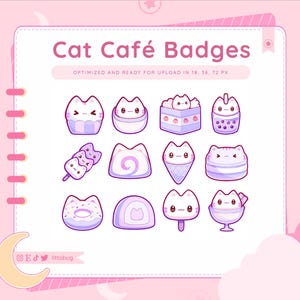 Cat Cafe Badges (12 Pack, Purple) for Twitch, Discord, Youtube | Stream Graphics | Dessert Sub or Bit Badges