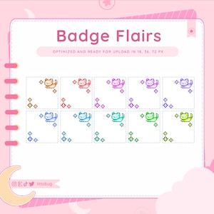 May include: A set of nine badge flairs featuring a pixelated cat with stars in different colors, including orange, red, blue, purple, green, and yellow. The text "Badge Flairs" is at the top of the image, and the text "OPTIMIZED AND READY FOR UPLOAD IN 18, 36, 72 PX" is below it.