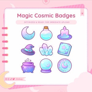 May include: A collection of nine "Magic Cosmic Badges" in a pastel color palette. The badges include a crescent moon, potion bottle, candle, witch hat, crystals, spell book, cauldron, crystal ball, and a circular badge with a crescent moon.