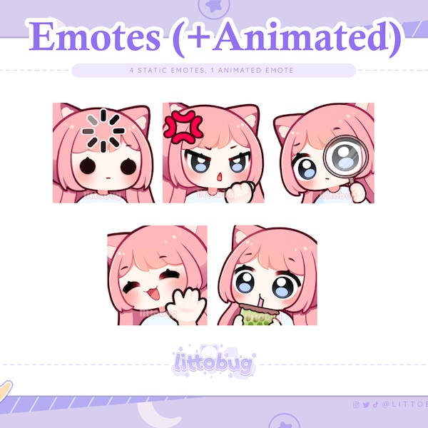 Chibi Girl Emotes (5 Pack, Pink) for Twitch, YouTube, Discord | Cute Twitch Emotes, Animated Emotes