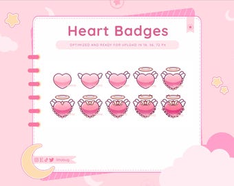 May include: Set of eight pink heart badges with halo and wings, optimised for upload in 18, 36, and 72 pixels. The badges feature different variations of wings and halos.