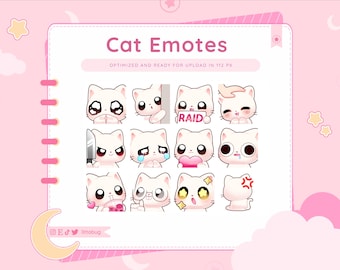 White Cat Emotes (12 Pack) for Twitch, YouTube, Discord | Kitty Animal Emotes