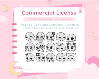 May include: A digital illustration of a commercial license for use with emotes. The license is displayed on a pink and white background with a notebook border. The text "Commercial License" is displayed in black text at the top of the image. The text "Emotes are sold separately | This is a license only" is displayed in smaller black text below the title. The text "Please read description for info. [Emote base files are sold separately]" is displayed in black text below the smaller text. The image contains 18 black and white illustrations of cartoon faces with different expressions.