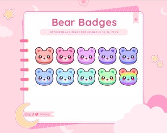 May include: A set of eight bear badges in various pastel colors, including pink, blue, purple, and green. The badges are optimized for upload in 18, 36, and 72 pixels.