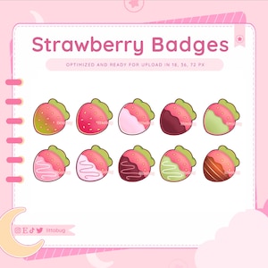 Cute Strawberry Badges (10 Pack) for Twitch, Discord, Youtube | Fruit-themed Emotes & Badges for Streamers