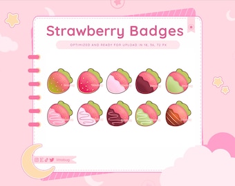 Schattige aardbeibadges (verpakking van 10) voor Twitch, Discord en Youtube | Emotes en badges met fruitthema voor streamers