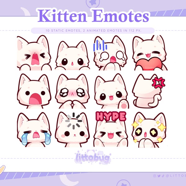 Cat Emotes (12-pack, wit) voor Twitch, YouTube, Discord | Geanimeerde emotes | Kitten-emoties