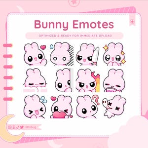 These cute pink bunny emotes are designed in a soft chibi style and optimized for Twitch and Discord streams at 112px resolution. Featuring a pastel, kawaii color palette, clean lines, and expressive details, they remain clear and readable in fast-moving chats. Perfect for streamers, VTubers, and content creators looking for affordable, high-quality digital emotes for Etsy, Twitch, Discord, YouTube, and livestream communities.