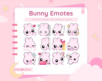 Pink Bunny Emotes for Twitch, YouTube, Discord (12 Pack) Cute Pastel Emotes