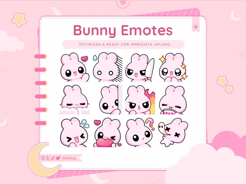 These cute pink bunny emotes are designed in a soft chibi style and optimized for Twitch and Discord streams at 112px resolution. Featuring a pastel, kawaii color palette, clean lines, and expressive details, they remain clear and readable in fast-moving chats. Perfect for streamers, VTubers, and content creators looking for affordable, high-quality digital emotes for Etsy, Twitch, Discord, YouTube, and livestream communities.