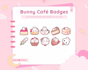 May include: A set of 10 cute bunny cafe badges featuring various desserts and drinks. The badges are optimized for upload in 18, 36, and 72 pixels.