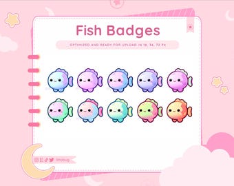 Op de afbeelding: Digitale afbeelding met tien cartoon vis badges in pastelkleuren, waaronder blauw, paars, roze, groen en oranje. De tekst "Fish Badges" staat bovenaan. De tekst "OPTIMIZED AND READY FOR UPLOAD IN 18, 36, 72 PX" is ook opgenomen.