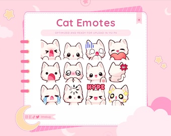 White Cat Emotes, Animated Kitten Twitch Graphics (12 Pack)
