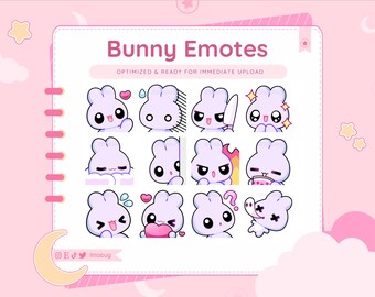 Purple Bunny Emotes for Twitch, YouTube, Discord (12 Pack) Cute Rabbit Emotes