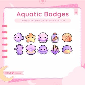 Aquatic Sea Creature Badges (10 Pack, Pink) for Twitch, YouTube, Discord | Ocean Stream Graphics