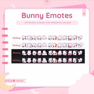 Adorable pink bunny emotes created for Twitch and Discord streaming, featuring a cute chibi aesthetic and optimized for 112px chat use. The soft pastel tones and clean digital finish ensure visibility at small sizes while adding charm to livestreams. Ideal for streamers, gamers, and VTubers seeking affordable digital emotes for Etsy and online communities.