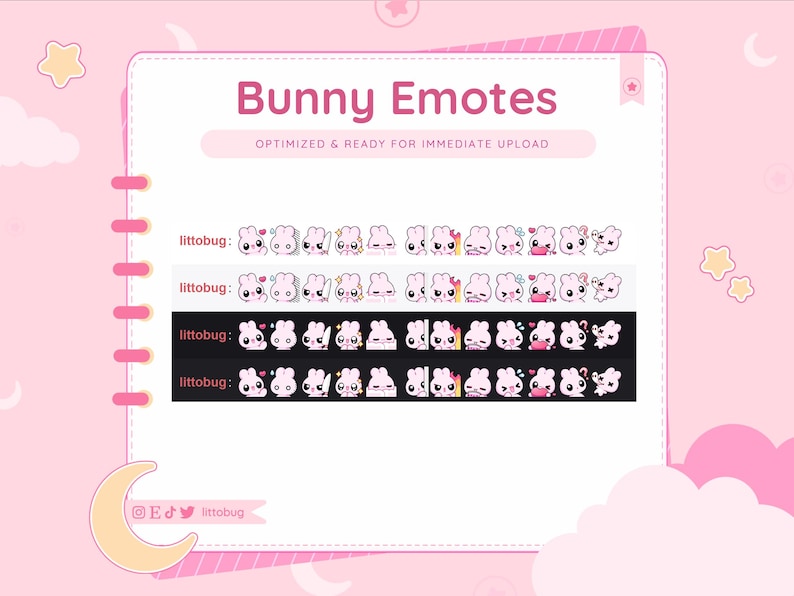 Adorable pink bunny emotes created for Twitch and Discord streaming, featuring a cute chibi aesthetic and optimized for 112px chat use. The soft pastel tones and clean digital finish ensure visibility at small sizes while adding charm to livestreams. Ideal for streamers, gamers, and VTubers seeking affordable digital emotes for Etsy and online communities.