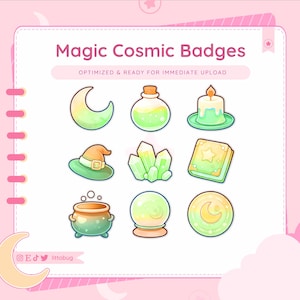 May include: A collection of nine pastel-colored magic-themed badges. The badges include a crescent moon, potion bottle, candle, witch hat, crystals, book, cauldron, crystal ball, and a circular badge with a moon. Text on the image reads "Magic Cosmic Badges".