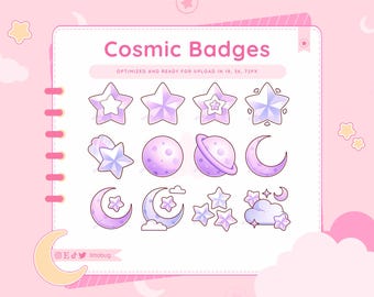 May include: A set of 12 cosmic badges featuring stars, moons, planets, and clouds in a purple and white colour scheme. The badges are optimised for upload in 18, 36, and 72 pixels.