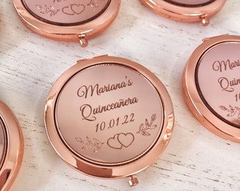 Personalized Rose Gold Compact Mirror Quinceanera Favor, Engraved Wedding Favors Pocket Mirror Gift, Bridal Memories for Guests,