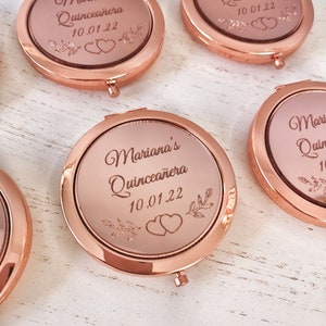 Personalized Rose Gold Compact Mirror Quinceanera Favor, Engraved Wedding Favors Pocket Mirror Gift, Bridal Memories for Guests,