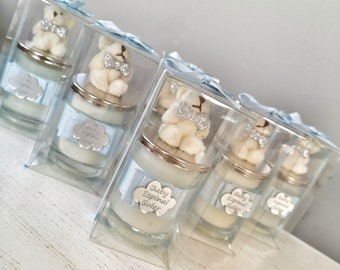 Personalized Glass Candle Jar With Silver Lid Birthday Party FAvors, Custom Blue Babyshower Gifts For Guest, Teddy Bear Candle Favors