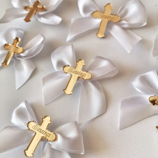 Personalized White Satin Ribbon Cross Tag, Baptism Gold Cross Tag, Christening Tag, Acrylic Mirror Tag, Babyshower Tag