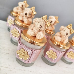 Personalized Gold Lid Teddy Bear Candle, Custom Pink Babyshower Favor, Teddy Bear Party Gifts, Candle in Bulk, Glass Jar Candle, Newborn