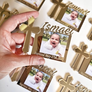 10 Pieces Personalized Gold Acrylic Mirror Magnet Frame Baptism Favor, Custom Photograph Frame Babyshower Gifts, Religious Bulk Favors