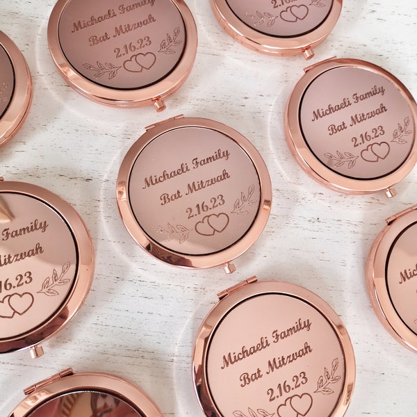 Personalized Bar Mitzvah Favors, Custom Rose Gold Compact Mirror Bat Mitzvah Gifts, Gifts For Guests Engraved Compact Mirror