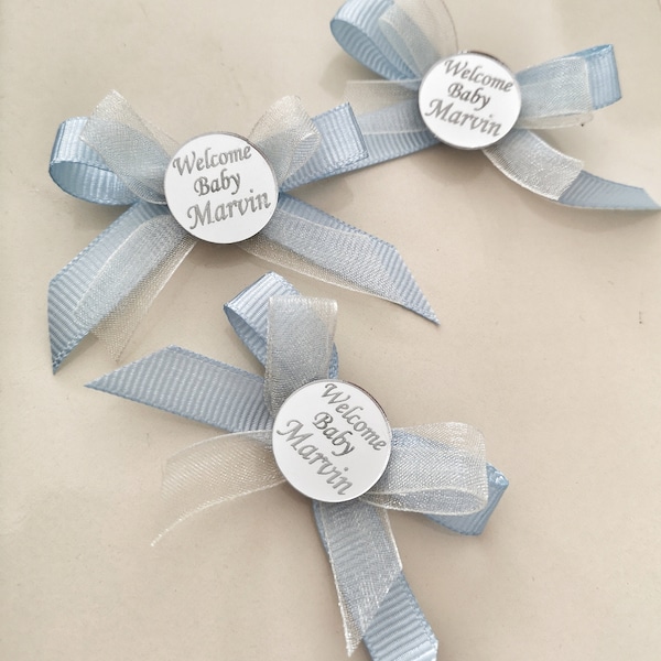 Personalized Silver Plexiglass Mirror Tag for Babyshower Favor, Blue Ribbon Tag for Baptism Favor, Custom Label for 1st Birthday Party Favor