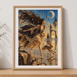 Witch and Hare Familiar Surrealist Fantasy Art Poster, Moon Goddess Wall Art, Mystical Pagan Print, Witchcraft Decor