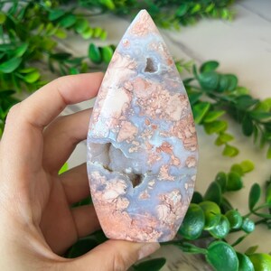 Beautiful Druzy Pink Agate Teardrop Freeform Self Standing Cotton Candy Crystal Agate Carving