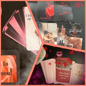 Könnte beinhalten: Eine Sammlung von Tarotkarten mit verschiedenen Bildern und Texten, darunter ein rotes Herz, Paare und die Worte "Play with me" und "Passion Overload". Die Karten sind fächerförmig angeordnet.