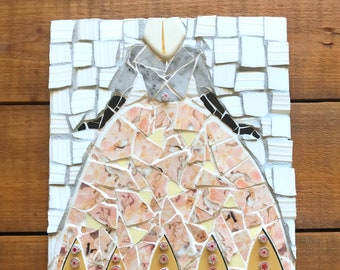 Mosaic maiden in apricot and grey ballgown