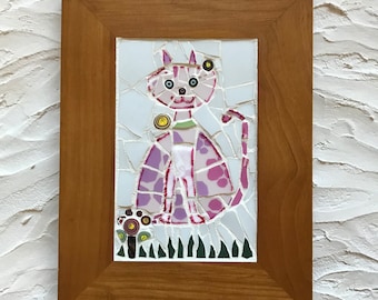 Cute little framed mosaic pink cat