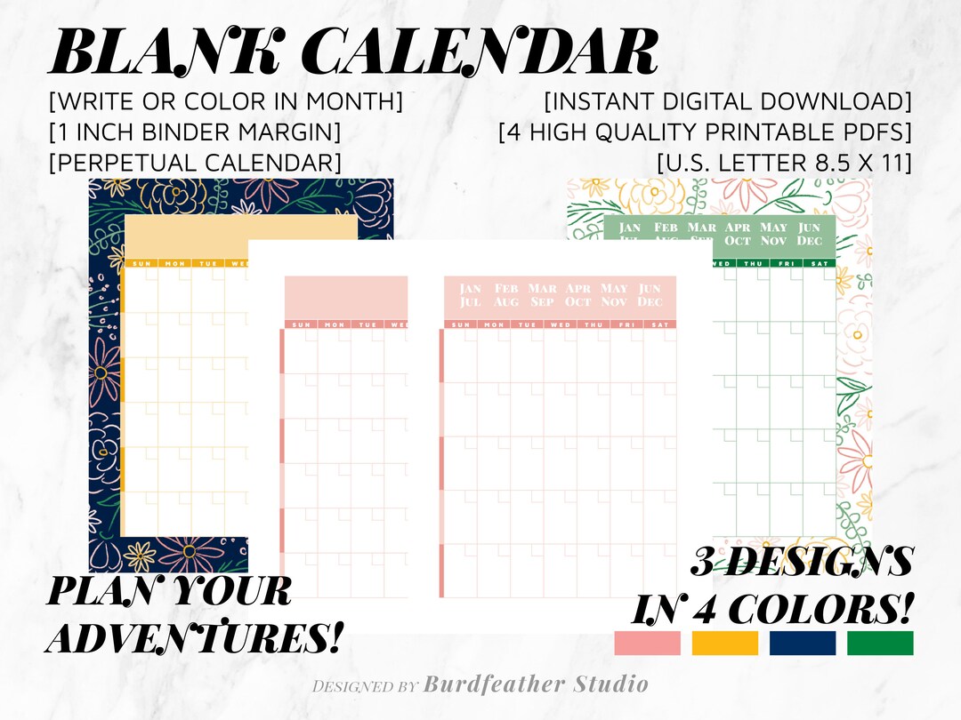 Blank Calendar. 2 Layouts, 3 Designs, 4 Colors. Binder Margins ...