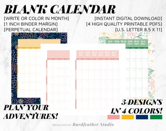Blank Calendar. 2 Layouts, 3 designs, 4 Colors. Binder margins. Printable Customizable Vertical Template Perpetual Monthly Planner Calendar.