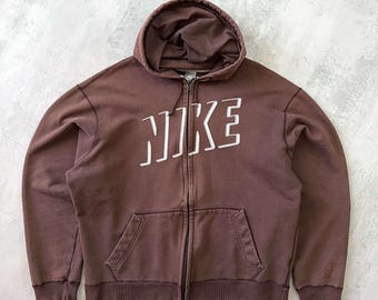 Sudadera con capucha y cremallera Nike vintage, marrón, XXL, de tejido grueso, bordada, estilo streetwear de los años 2000.