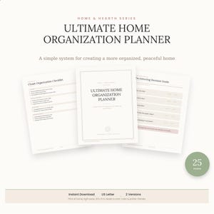 May include: A digital home organisation planner with a cover page titled Ultimate Home Organisation Planner, a Closet Organisation Checklist, and a Decluttering Decision Guide. The set includes 25 pages in US Letter size, 21.6 by 27.9 cm.