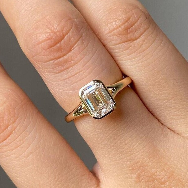 3.50CT Emerald Cut Moissanite Engagement Ring, 14K Solid Gold Simple Promise Ring, Bezel Set Ring For Anniversary Gifts, Proposal Ring