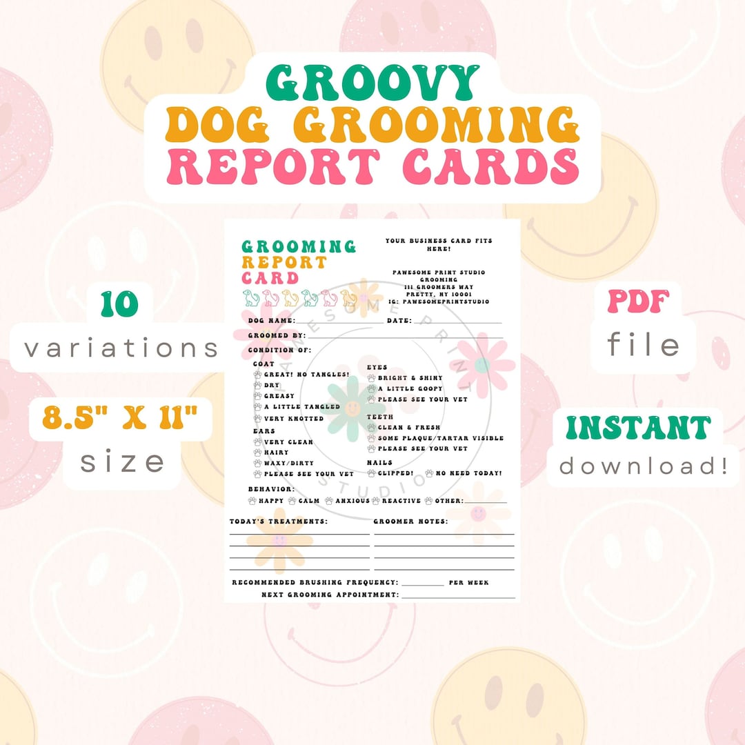Groovy Pet Grooming Report Card W/ Business Card Dog Groomer Etsy