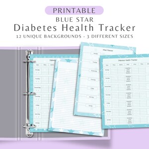 Blue Star afdrukbare diabetestracker met maaltijdplanner, boodschappenlijstje en notitiepagina&#39;s. Minimalistisch, portretbloedsuikerdagboeklogboek
