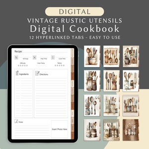 Libro de cocina digital de utensilios rústicos vintage para Goodnotes, libro de recetas digital con tarjetas de recetas, carpeta de recetas, plantilla de libro de cocina digital