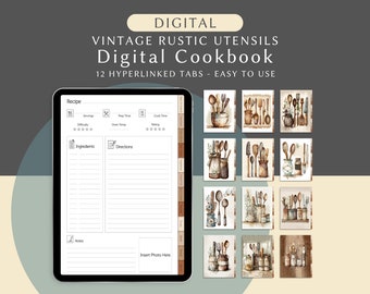 Libro de cocina digital de utensilios rústicos vintage para Goodnotes, libro de recetas digital con tarjetas de recetas, carpeta de recetas, plantilla de libro de cocina digital
