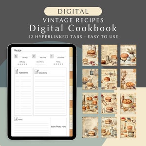 Ricette vintage Foodie Treasury Libro di cucina digitale per Goodnotes, libro di ricette con schede di ricette, raccoglitore culinario, modello di ricetta per libro di cucina
