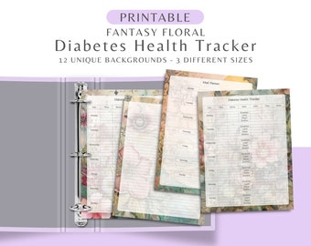 Fantasy Floral Daily Diabetes Health Tracker With Meal Planner, Grocery List, Note Pages. Portrait Printable Diabetes Mellitus Journal PDF