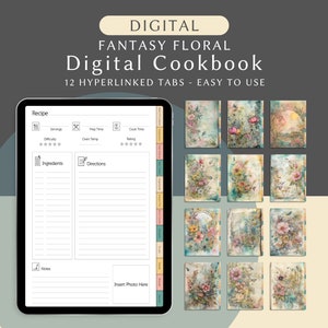Libro di cucina digitale Floral Foodie Treasury per GoodNotes, libro di ricette con schede di ricette, raccoglitore culinario, modello di diario per organizzatore di ricette