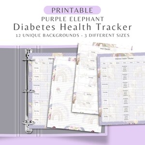 Purple Elephant Diabetes Blood Sugar Tracker With Meal Planner, Grocery List, and Note Pages, Printable Daily Diabetes Mellitus Journal